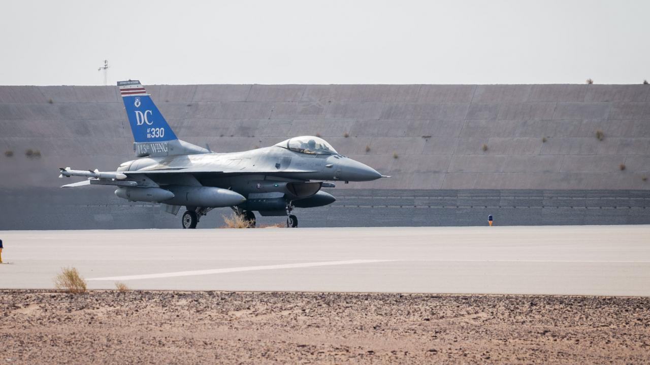 An aircraft takes off as part of the Qatari controlled Sky Shield 3 exercise with the USAF