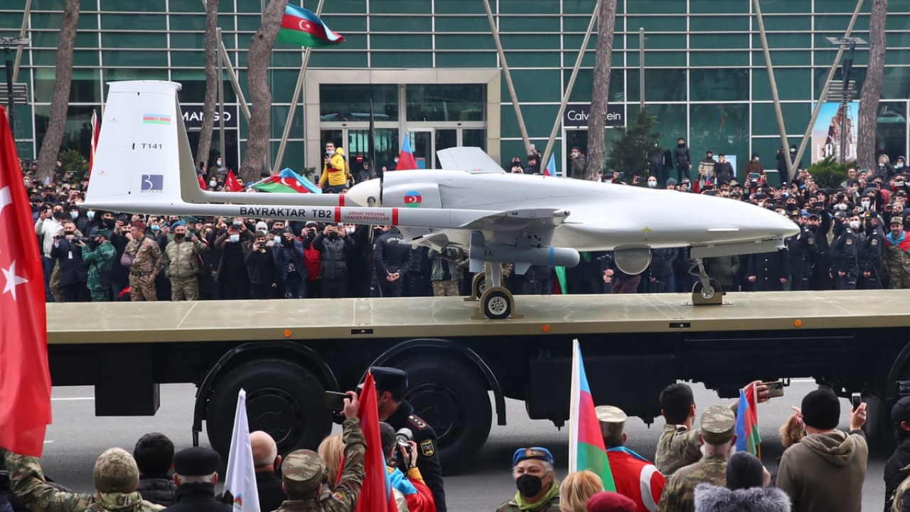 A TB2 unmanned air vehicle on display with Azerbaijan defence forces as part of military training exercise