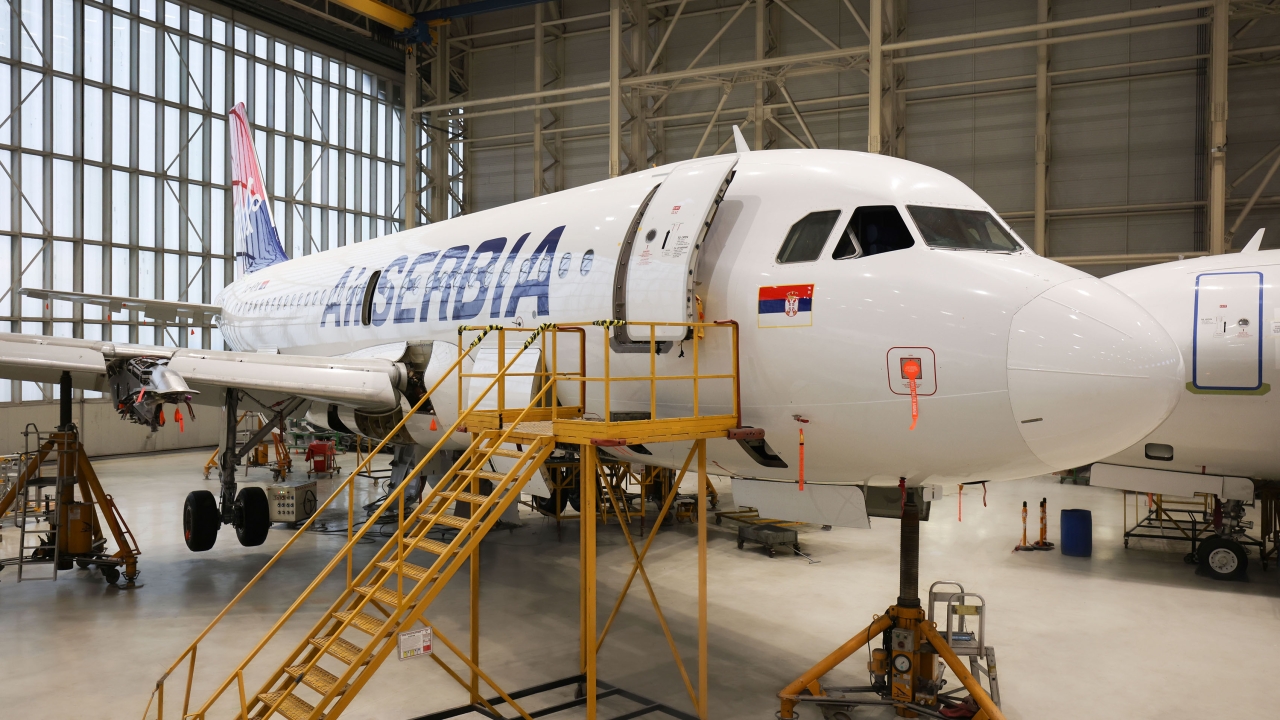 An Air Serbia A320 at the Turkish Technic base